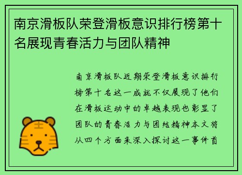 南京滑板队荣登滑板意识排行榜第十名展现青春活力与团队精神